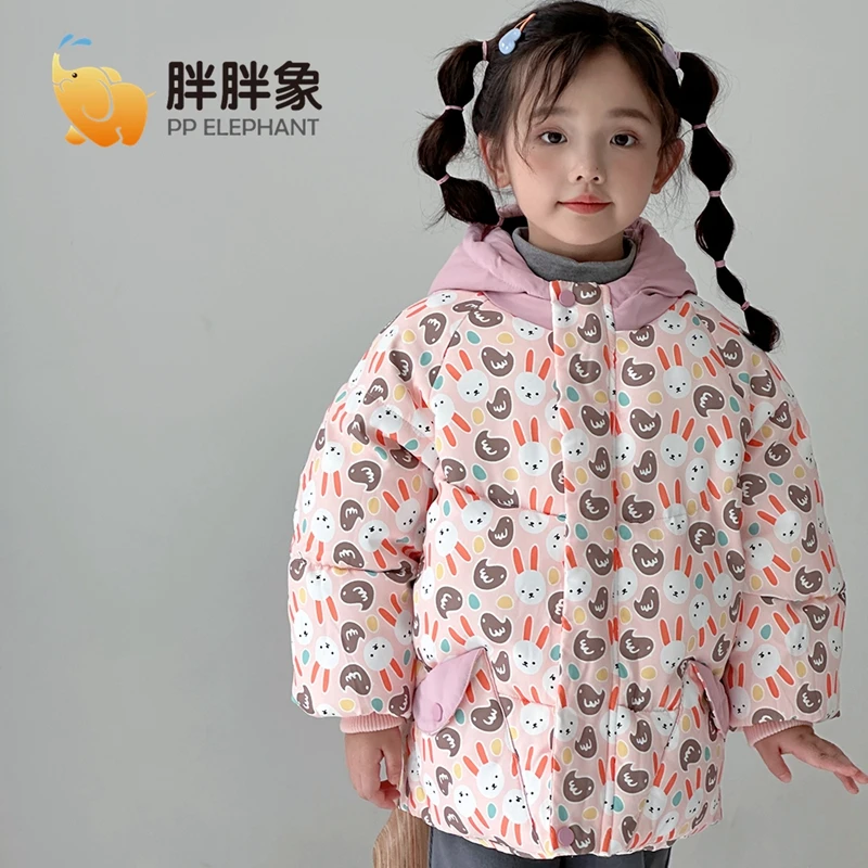 男女童羽绒棉服儿童加厚宝宝加绒外套婴儿短款印花保暖连帽棉衣袄