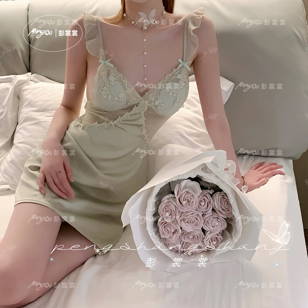 彭裳裳【绿意轻眠】性感夏季清新蕾丝纯欲风轻奢睡衣居家服时尚轻奢