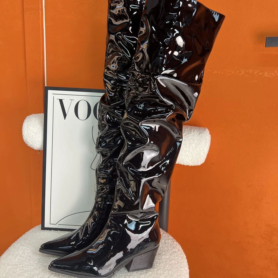 秋冬尖头加绒侧拉链时尚百搭过膝靴黑色粗跟漆皮高跟骑士时装长筒