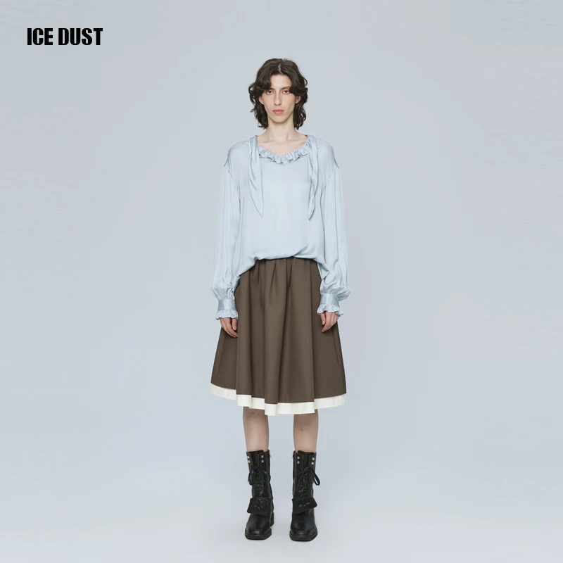 ICEDUST 冬季系列V领花边飘带轻薄套头休闲长袖衬衫上衣女士