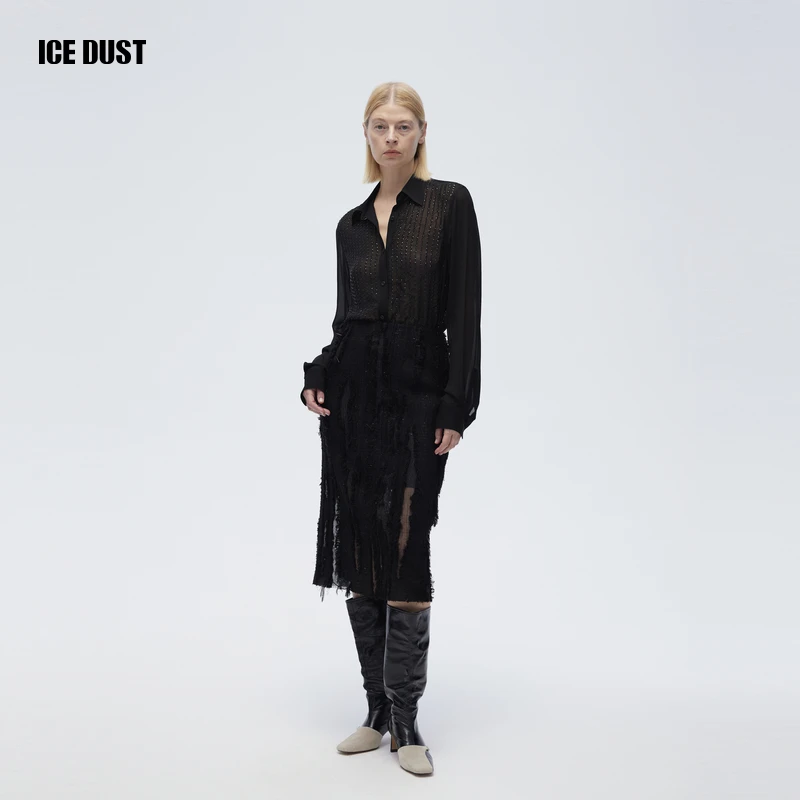 ICEDUST 秋冬系列新款金扣亮珠薄纱高级感翻领长袖衬衫上衣女士