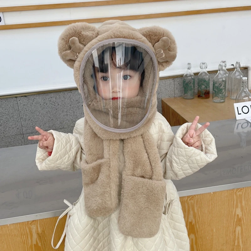 儿童帽子围巾一体冬季新款围脖女孩骑行防护面罩帽宝宝手套防风帽