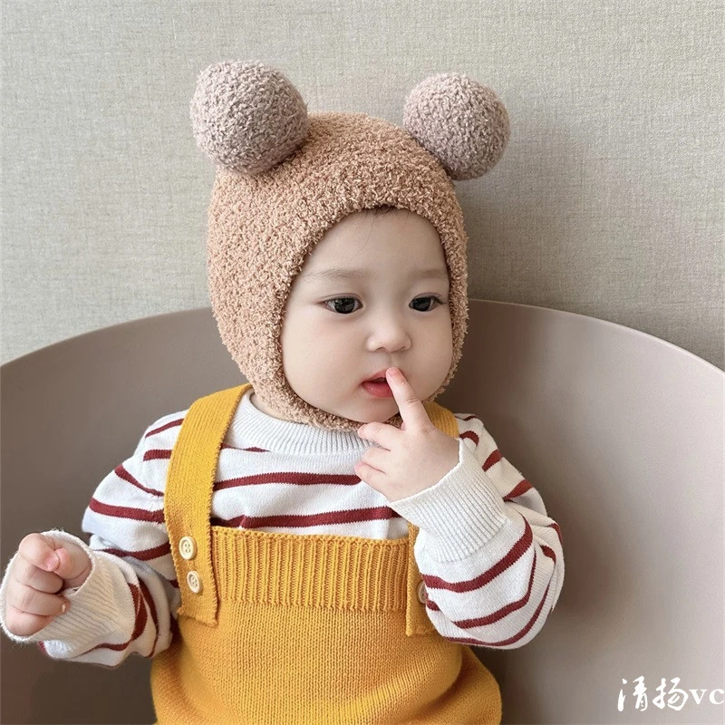 韩版ins秋冬新款宝宝护耳帽保暖防寒帽舒适婴儿双球包头帽 婴幼儿