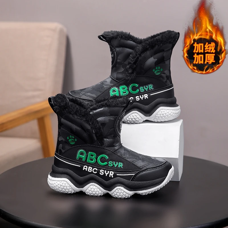 儿童雪地靴冬季加绒加厚男童棉鞋中大童防滑防水高筒保暖棉靴男孩