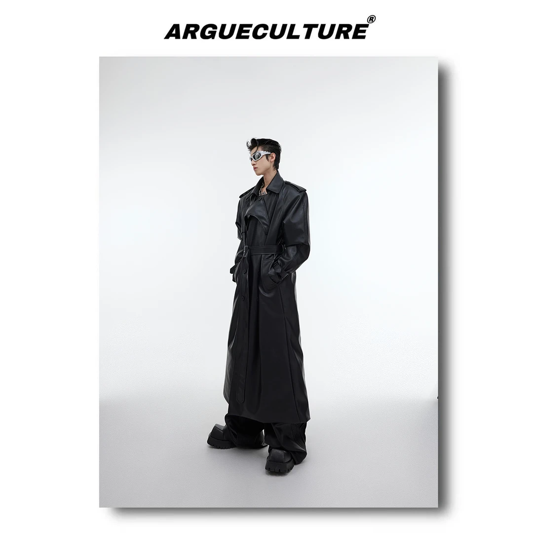 CulturE小众解构分割垫肩廓形皮大衣外套立体拼接长版过膝风衣