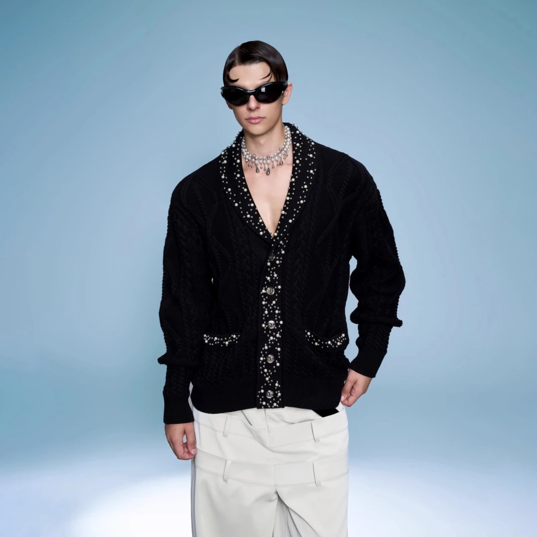 ArguE秀款纸醉金迷珍珠毛衣开衫男复古麻花针织衫贵气V领宽松外套