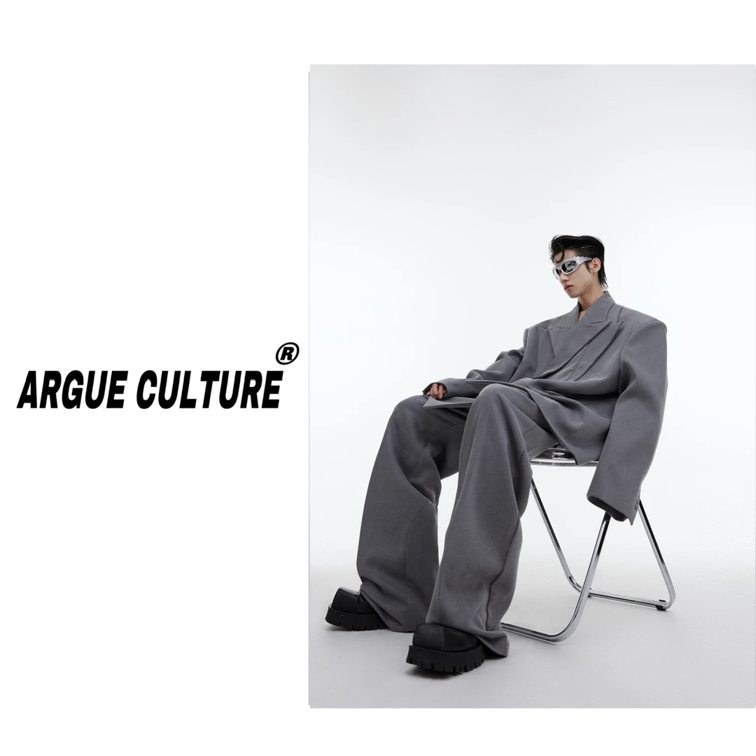 CulturE小众解构斜纹垫肩西装外套双层领设计感西服套装廓形长裤