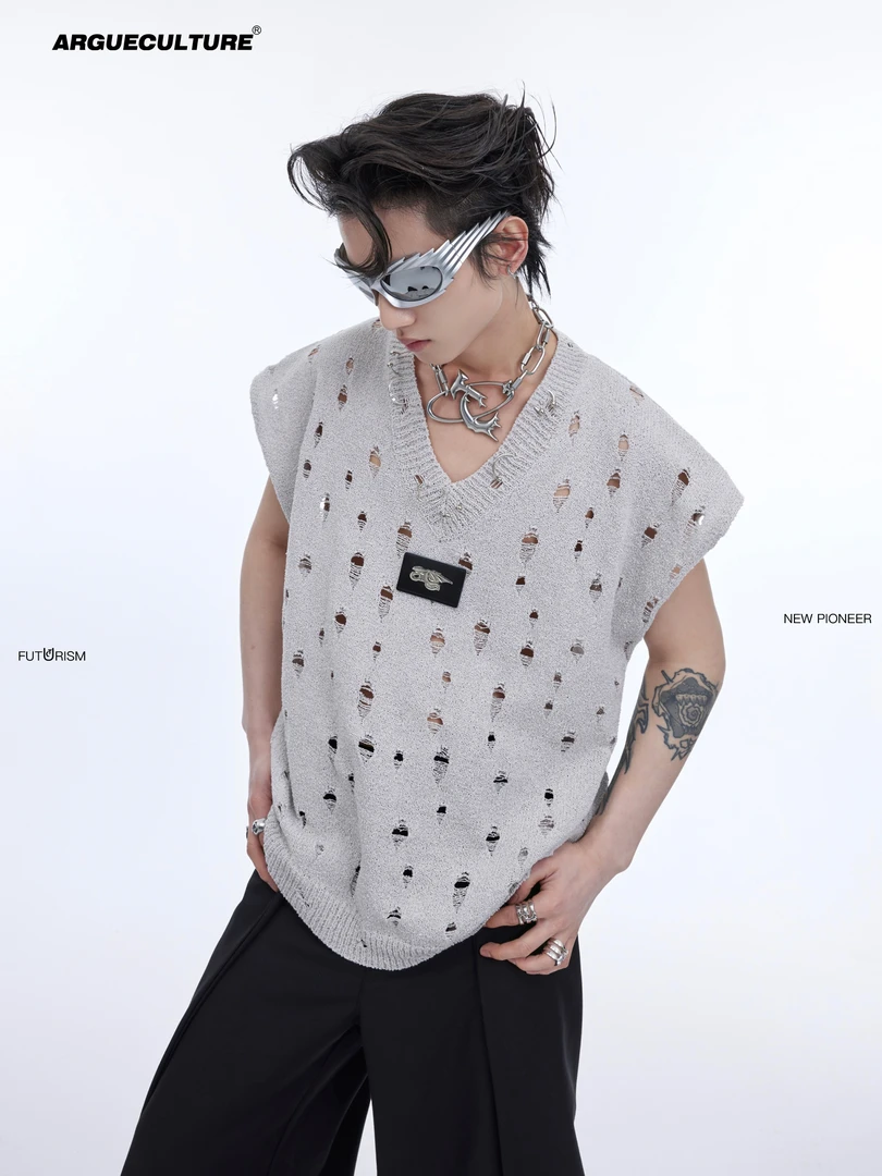 ArguE CulturE夏季重工金属破坏设计感针织背心亮面细闪披肩T恤