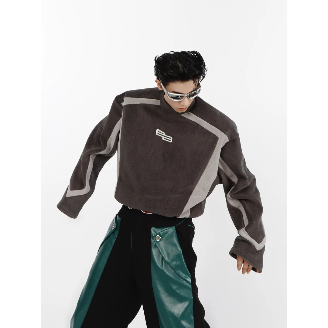 CulturE小众黑白撞色立领打底衫刺绣解构设计感卫衣高级加厚长袖