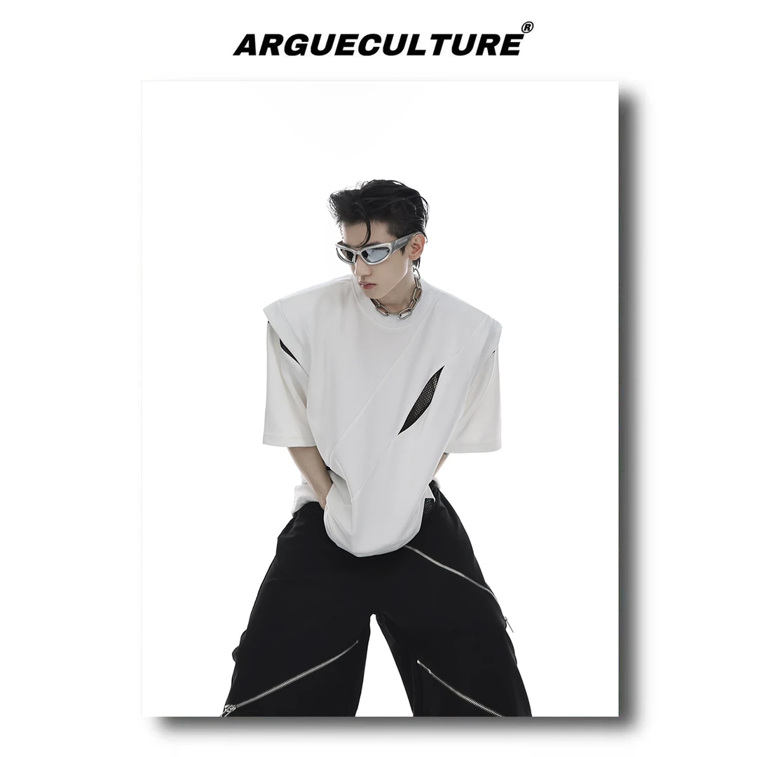 CulturE夏季小众解构分割垫肩短袖拼接设计感T恤高级潮流半袖男女