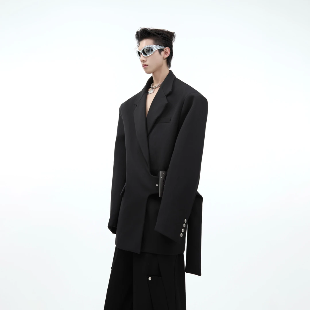 CulturE原创小众高级金属卡扣垫肩廓形西服外套立体烫银黑色西装