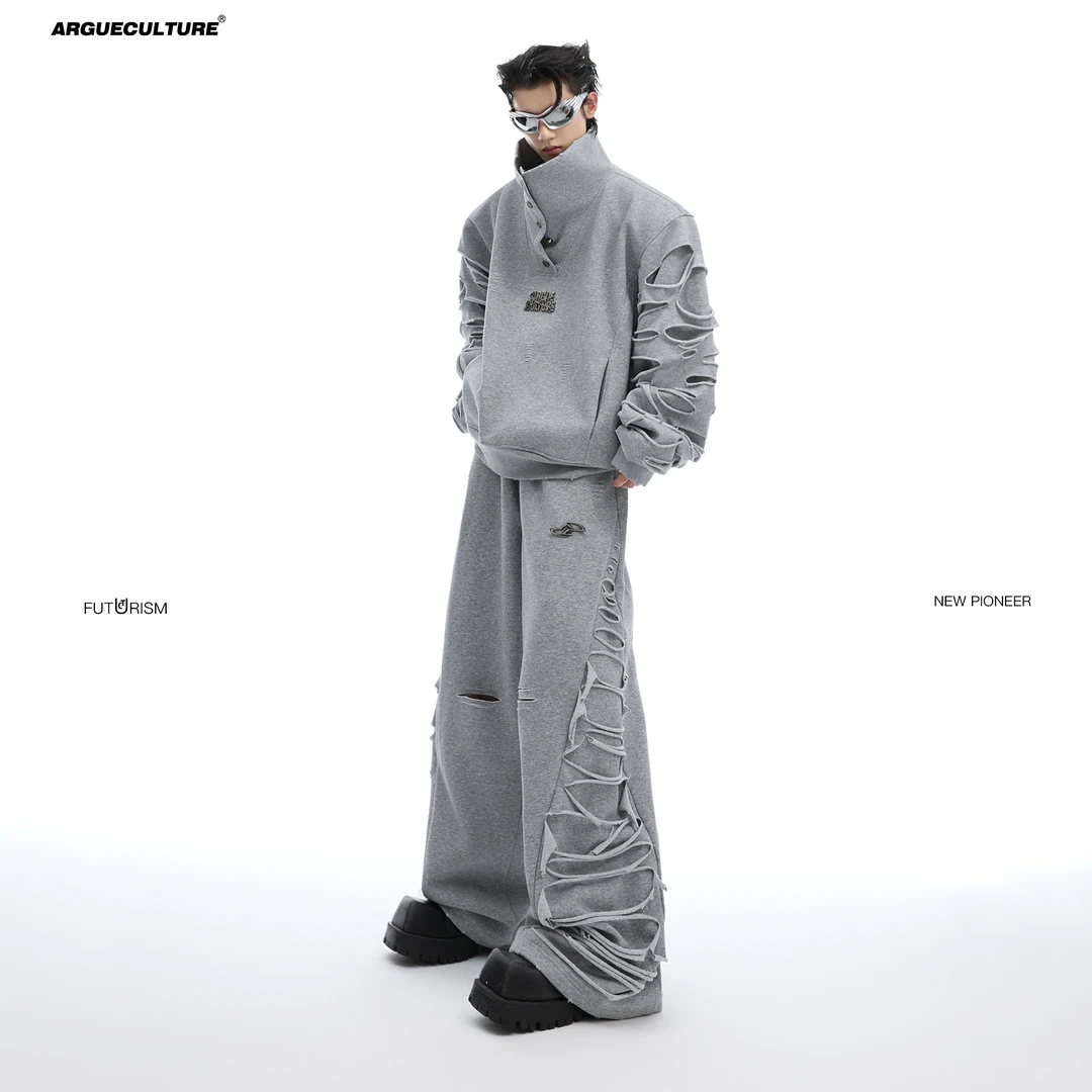 ArguE银瑟戈硷 小众割破感高领排扣垫肩卫衣流苏重工休闲卫裤套装