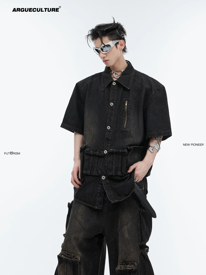 CulturE重工小众复古做旧短袖牛仔外套手绘涂刷设计感衬衫上衣夏