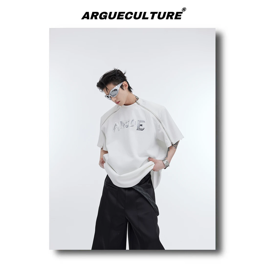 CulturE原创小众解构金属设计感垫肩短袖男拉链拼接圆领宽松T恤夏