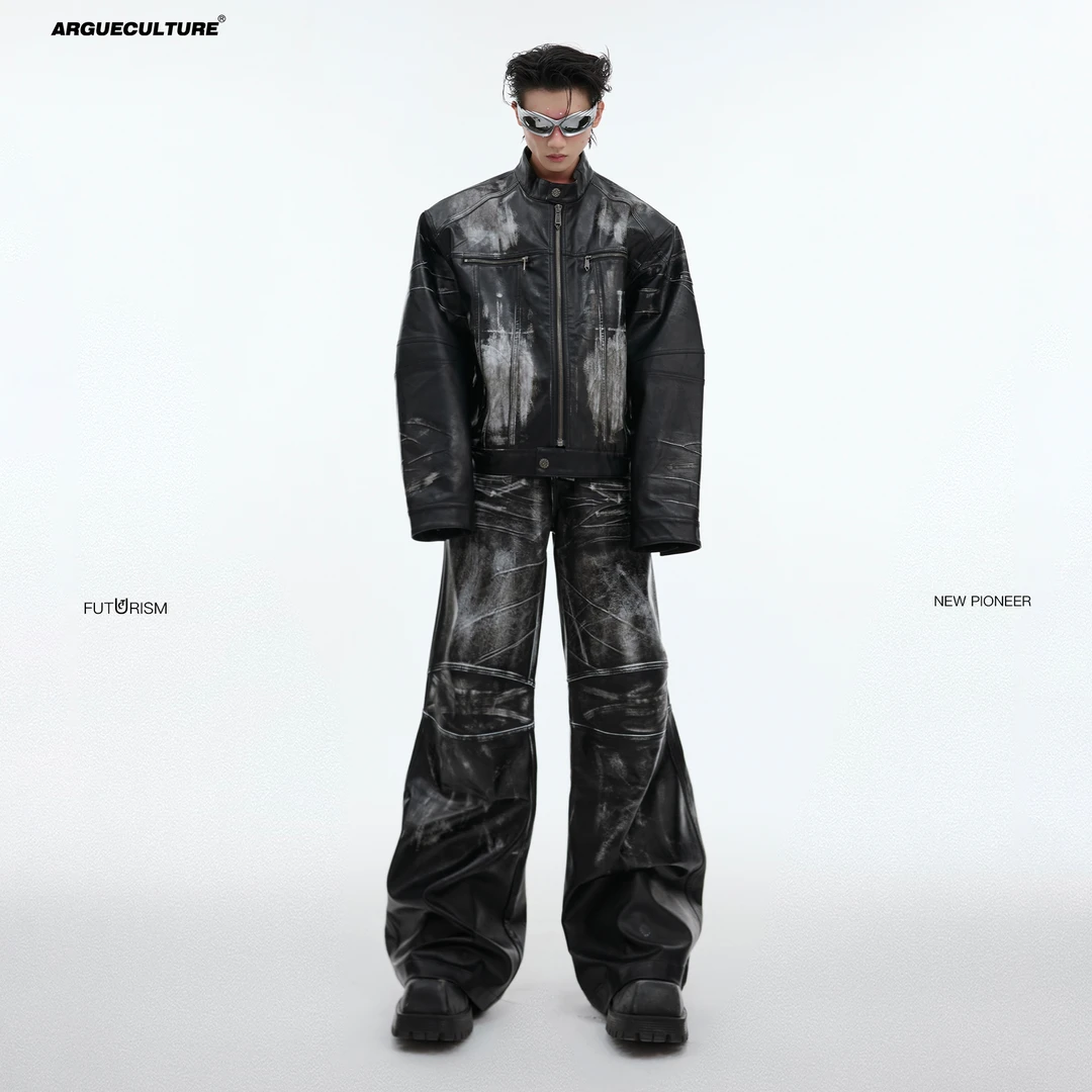 ArguE复古做旧廓形立领夹克外套宽松机车皮衣套装小众擦皮长裤潮