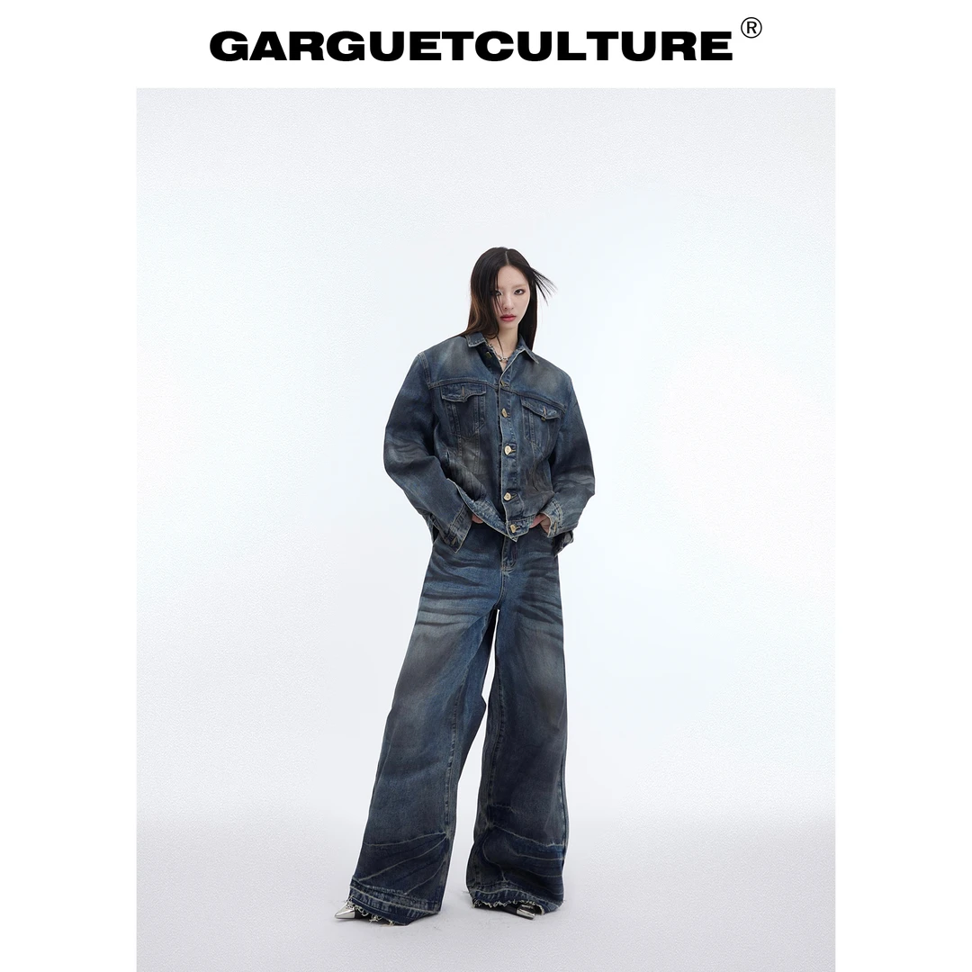 GARGUETCULTURE小众水洗做旧牛仔套装喷绘夹克外套破坏猫须阔腿裤
