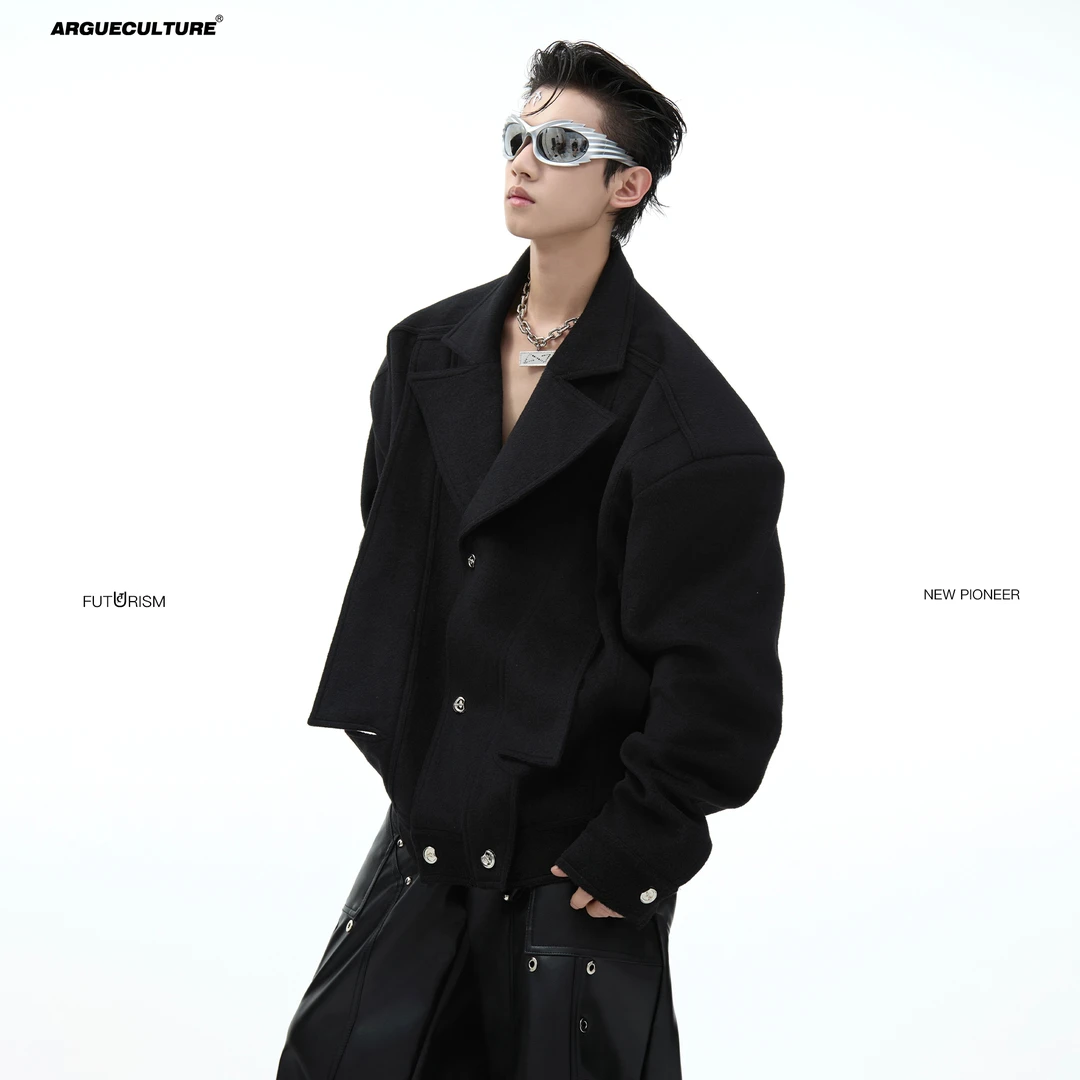 ArguE CulturE新款小众解构倒领设计感垫肩短款毛呢夹克外套西服