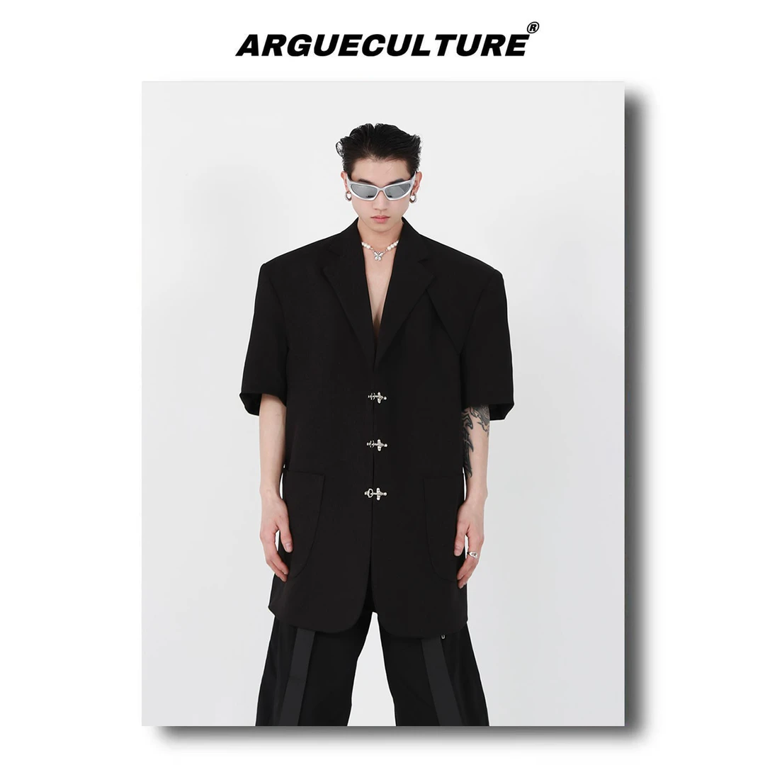 CulturE夏季原创小众金属锁扣垫肩短袖西服宽松外套潮流高级西装