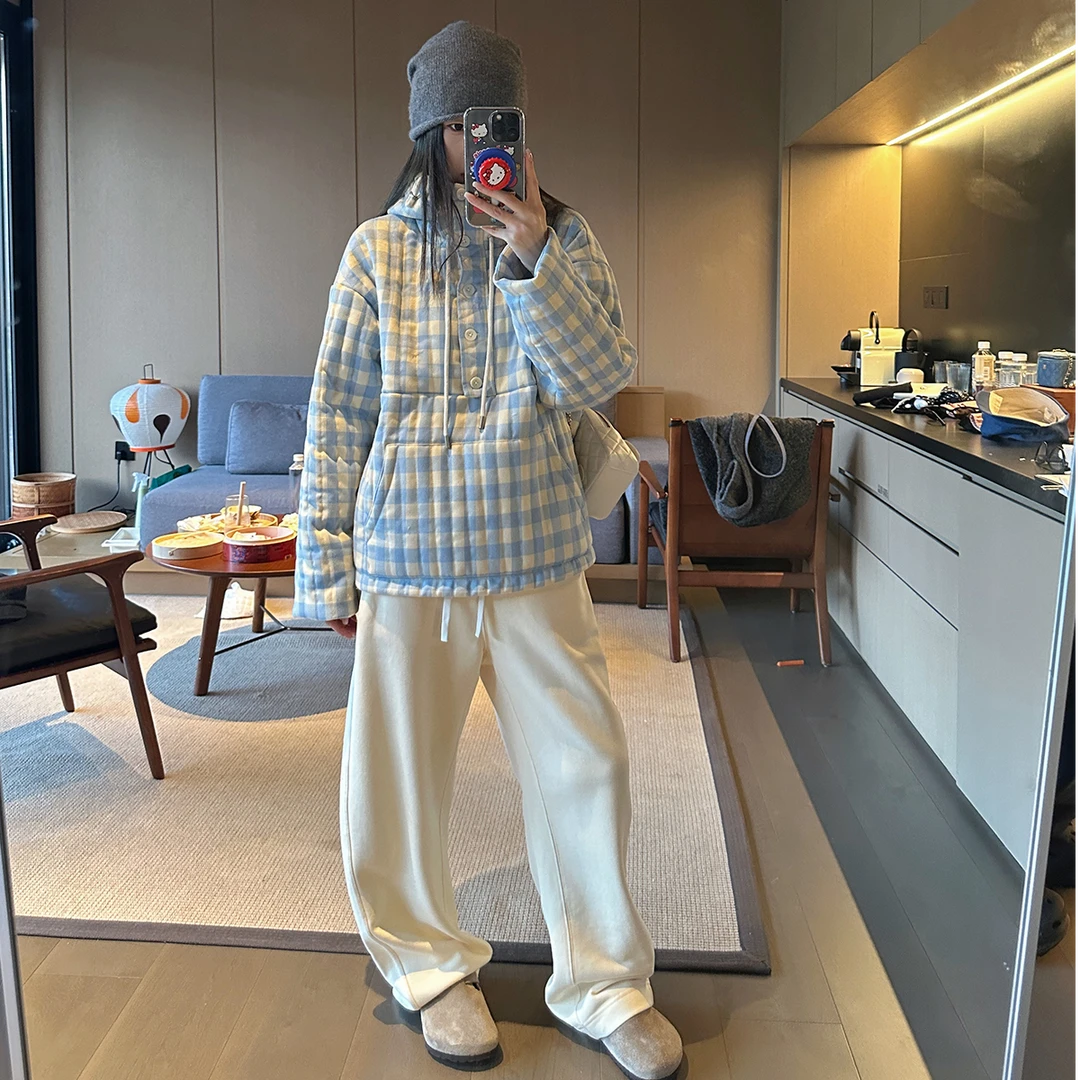 韩版蓝格纹设计连帽撞色加厚卫衣秋冬新款减龄宽松套头棉服外套女