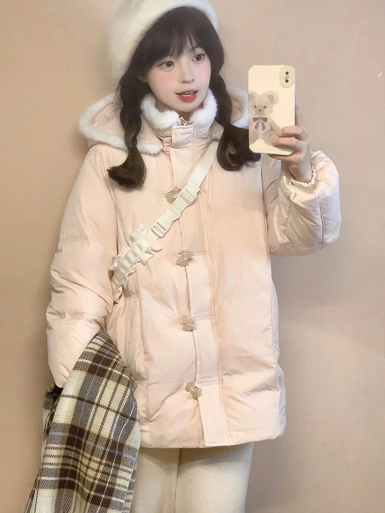 甜美风粉色牛角扣面包服棉服女秋冬季小个子设计宽松加厚连帽棉衣