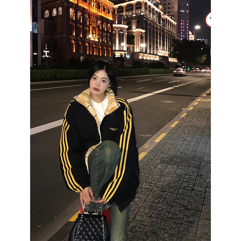 麻瓜织带条纹棉服男女款冬季加厚情侣格子棉衣cleanfit立领面包服