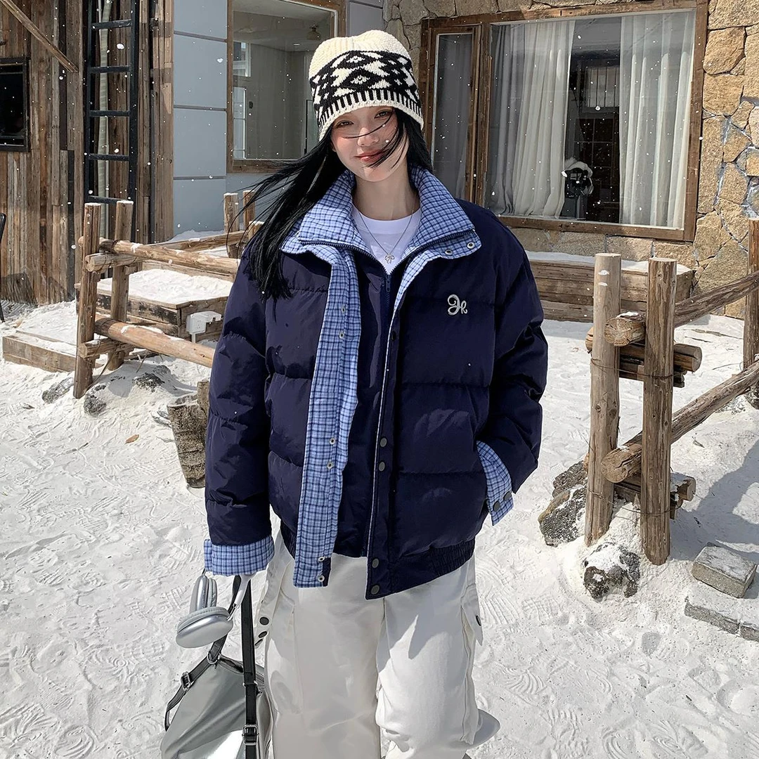 国潮复古撞色格子假两件棉服外套女冬季情侣款宽松百搭棉衣面包服
