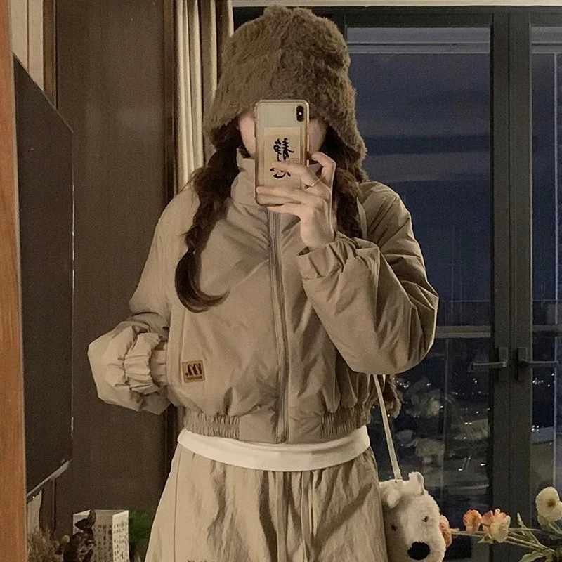 美式复古立领短款棉服外套女2024冬季新款小众显瘦百搭面包服棉衣