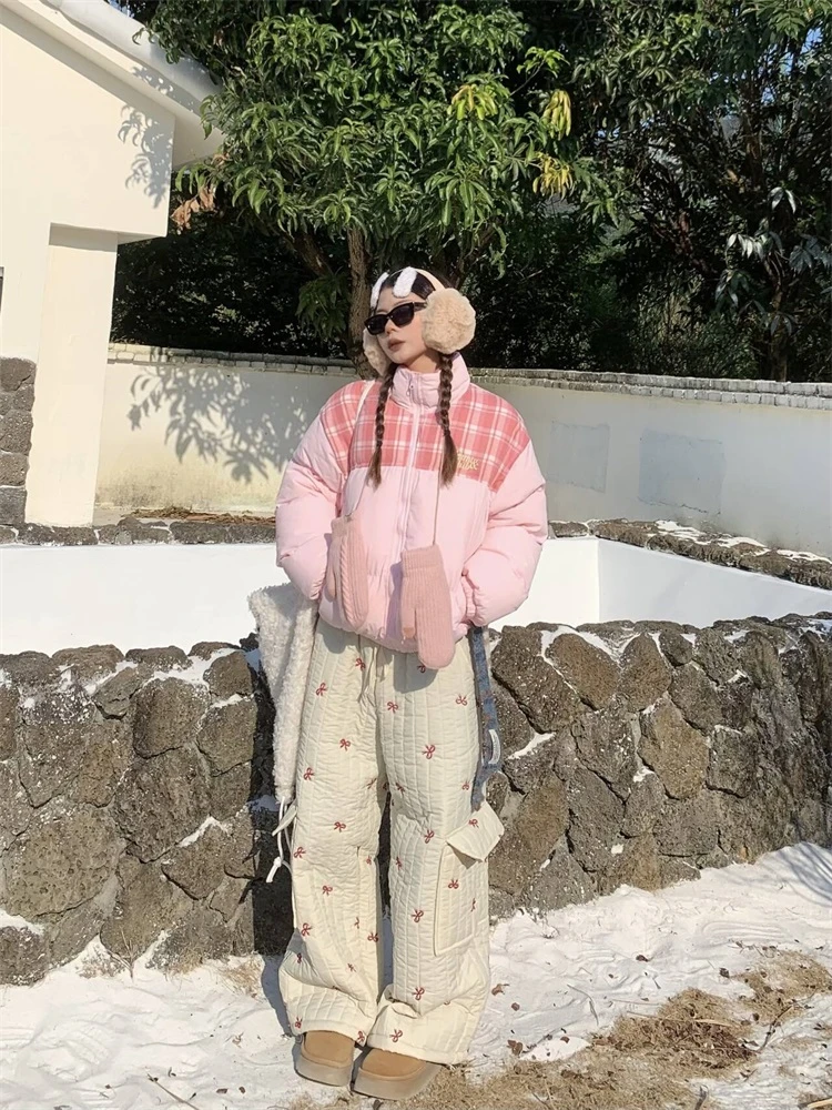 美式格纹拼接棉服女冬季新款保暖加厚百搭立领面包服棉衣外套潮