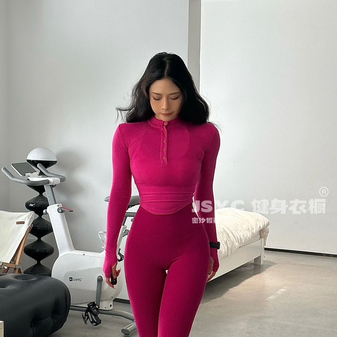 JSYC健身衣橱-秋冬半开襟薄绒套指螺纹修身运动健身长袖