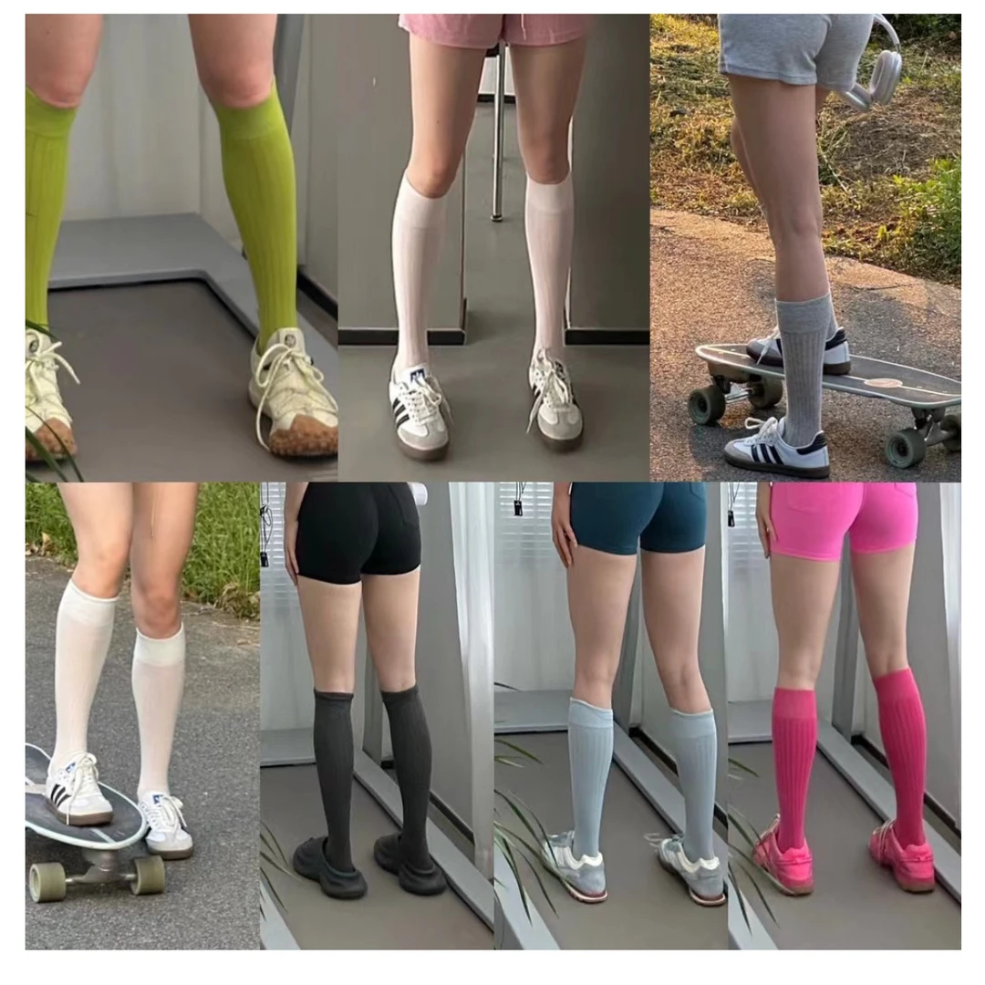 JSYC健身衣橱-少女宽条薄棉小腿袜糖果色百搭粉蓝中筒薄款堆堆袜