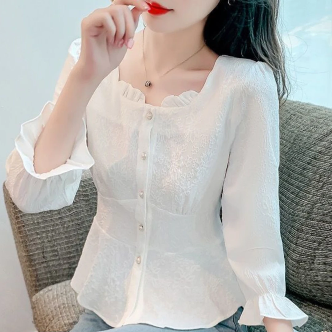 法式甜美提花设计感简约上衣2023秋季新款方领减龄小众别致衬衫