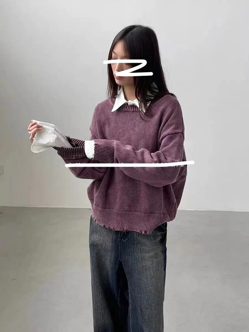 小妳XiaoNi———（冬款圆领套头破洞毛衣1240312）