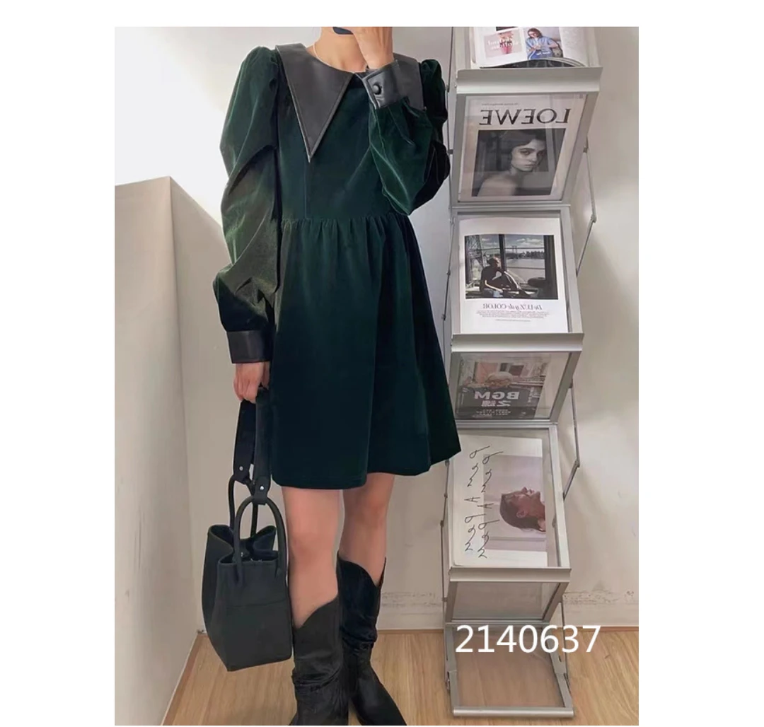 小妳XiaoNi———（冬款丝绒拼皮连衣裙2140637）