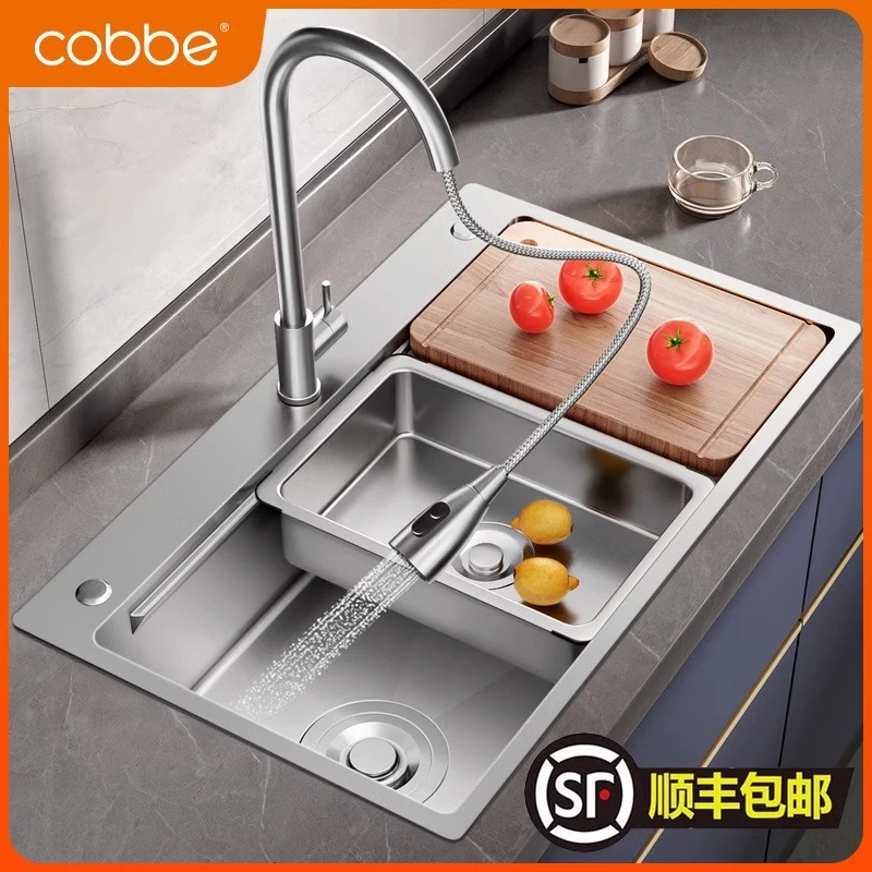 卡贝304不锈钢水槽厨房手工大单槽洗菜盆侧排水洗碗洗菜池台下盆