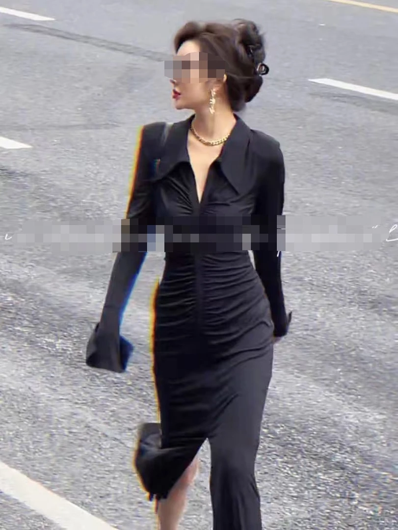 高端轻奢名媛黑色衬衫褶皱长裙气质性感显瘦收腰裙大码6520