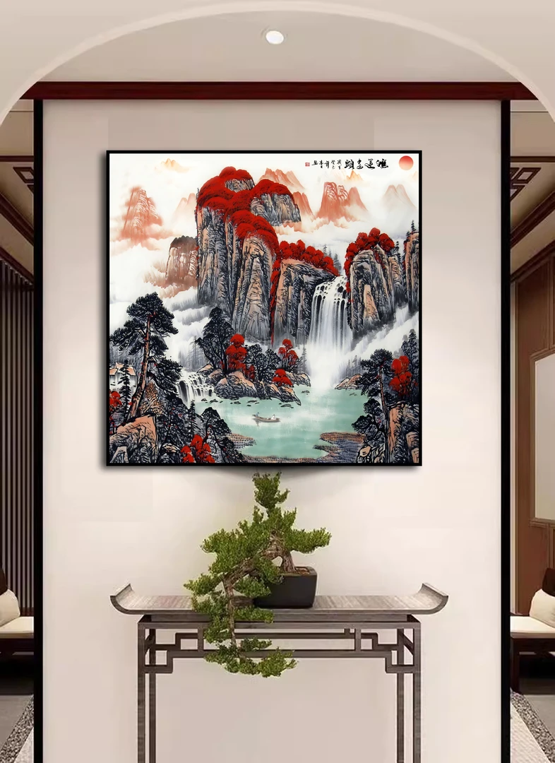 玄关装饰画鸿运当头挂画壁画中式客厅进门过道山水画