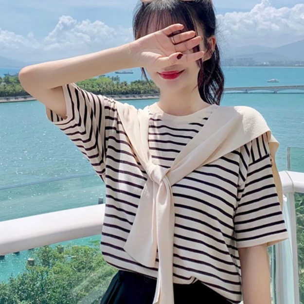 设计感小众披肩假两件条纹短袖T恤女夏海军领宽松显瘦别致上衣ins