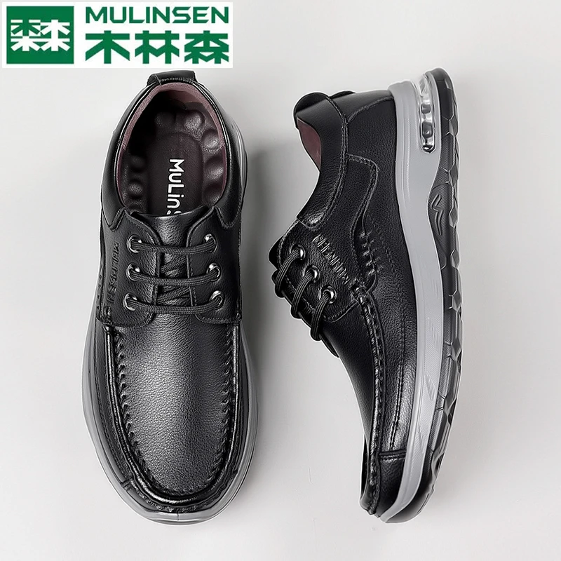 木林森秋季男士休闲鞋黑色真皮百搭软底软面防滑耐磨休闲鞋潮鞋男