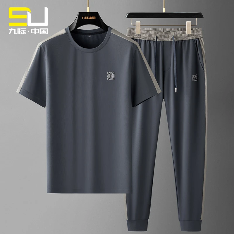 高端男士休闲运动套装夏季薄款圆领短袖T恤跑步运动长裤子男2件套