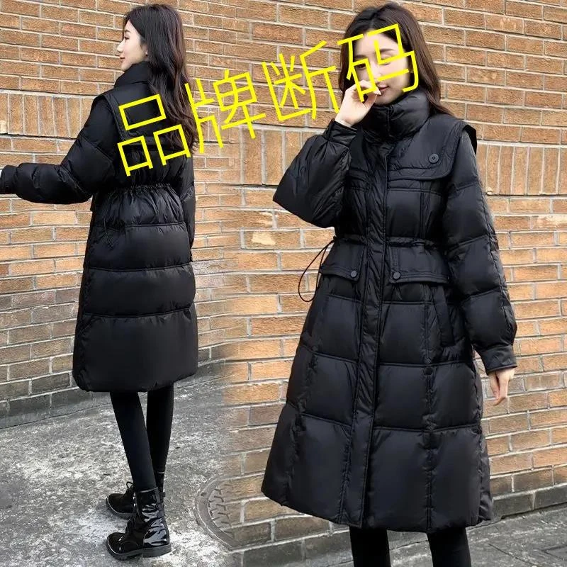 雅鹿2023新款羽绒羽绒女中长款修身收腰海军立领黑色羽绒服百搭加