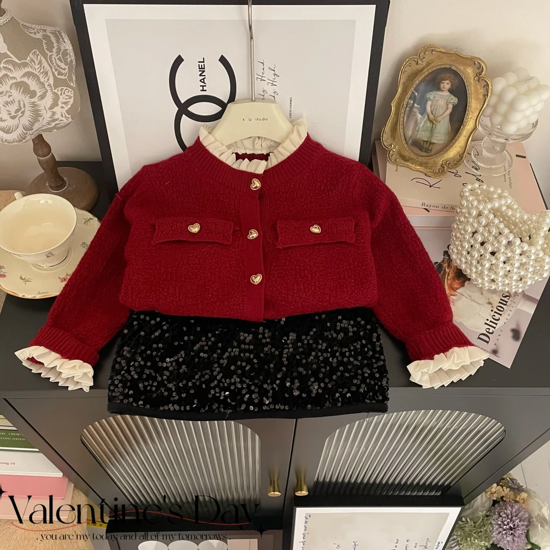 【七小七】女童冬季新款韩版洋气新年红毛衣亮片裙套装C20024