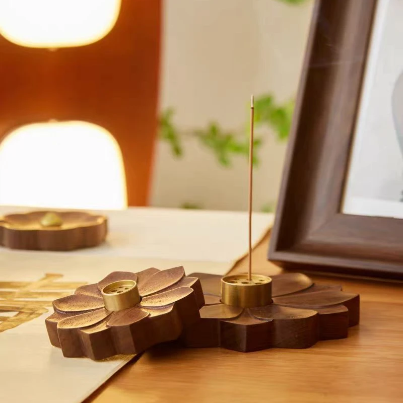 实木莲花香盘香插香座家用室内檀香沉香线香炉底座托盘香薰