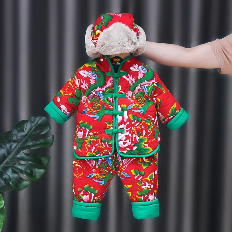 男童东北大花布套装宝宝冬季棉服女童拜年衣服拜年服过年棉袄棉裤