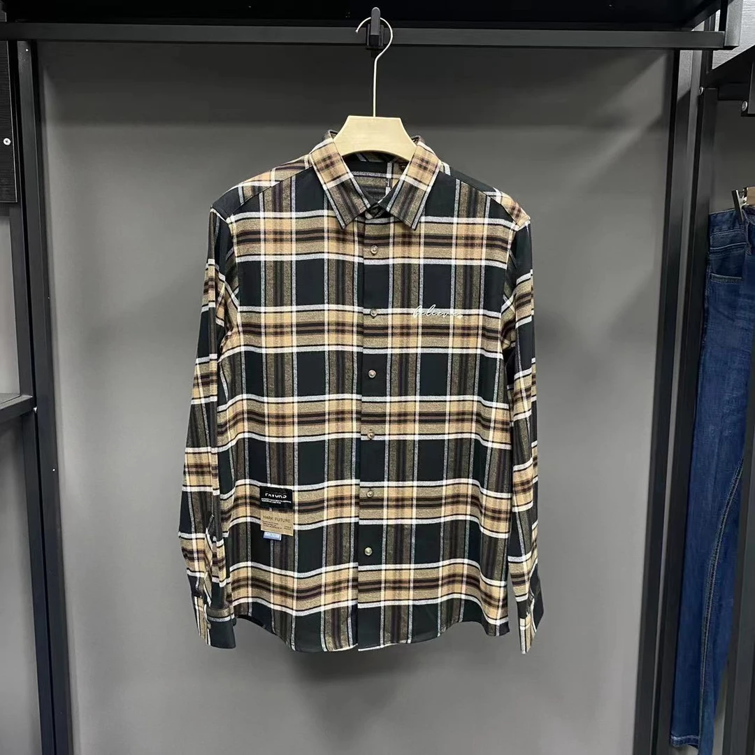 H664剪标春秋季刺绣格纹舒适撞色百搭休闲衬衫