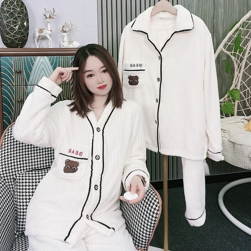 情侣睡衣女冬季珊瑚绒加厚加绒法兰绒长袖男士家居服套装冬天套装