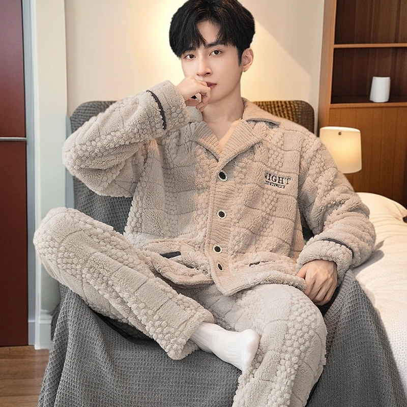 格子提花简约男士珊瑚绒睡衣大码加绒加厚保暖秋冬季冬款家居服