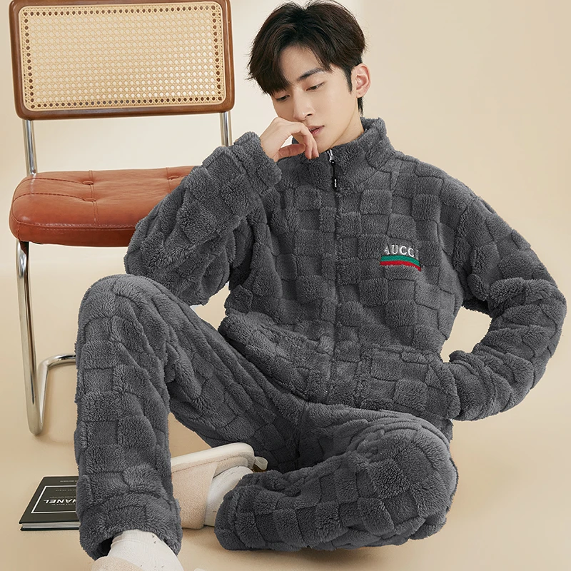 珊瑚绒加绒加厚睡衣男秋冬季冬款法兰绒青年中年可外穿家居服套装