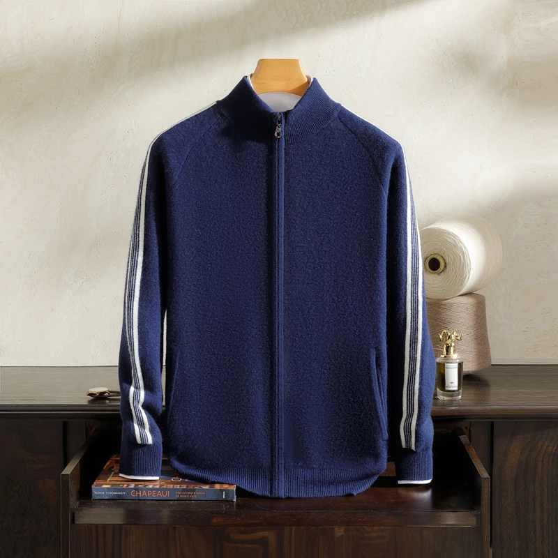 男士高端100%纯山羊绒重磅加厚插肩袖半高领拉链开衫拼色提花外套