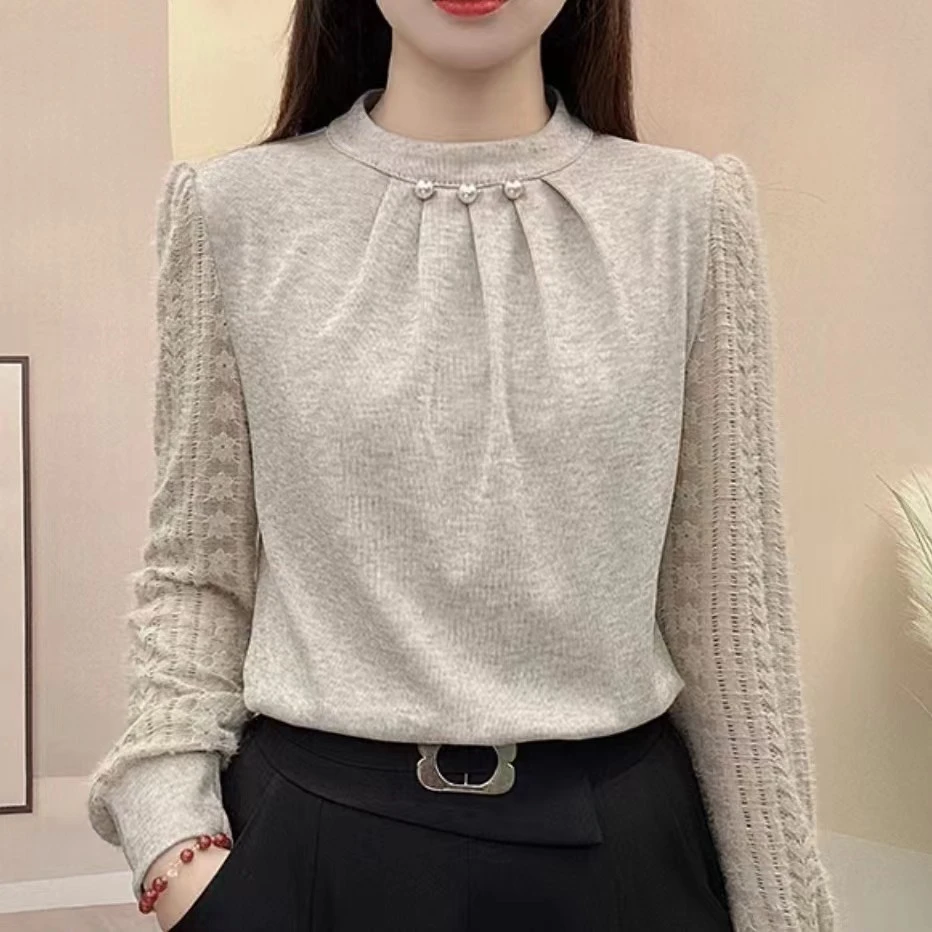 圆领珍珠拼接长袖衬衫！2024秋季新款优雅气质时尚设计感女上衣682