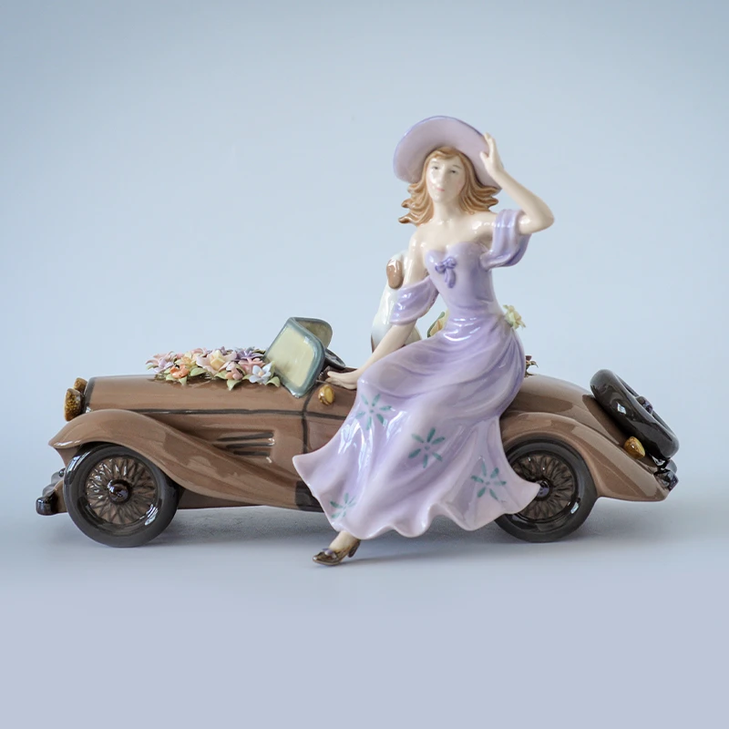 0239 cosmos高温瓷欧式复古手工瓷花紫裙少女与鲜花车家居摆件